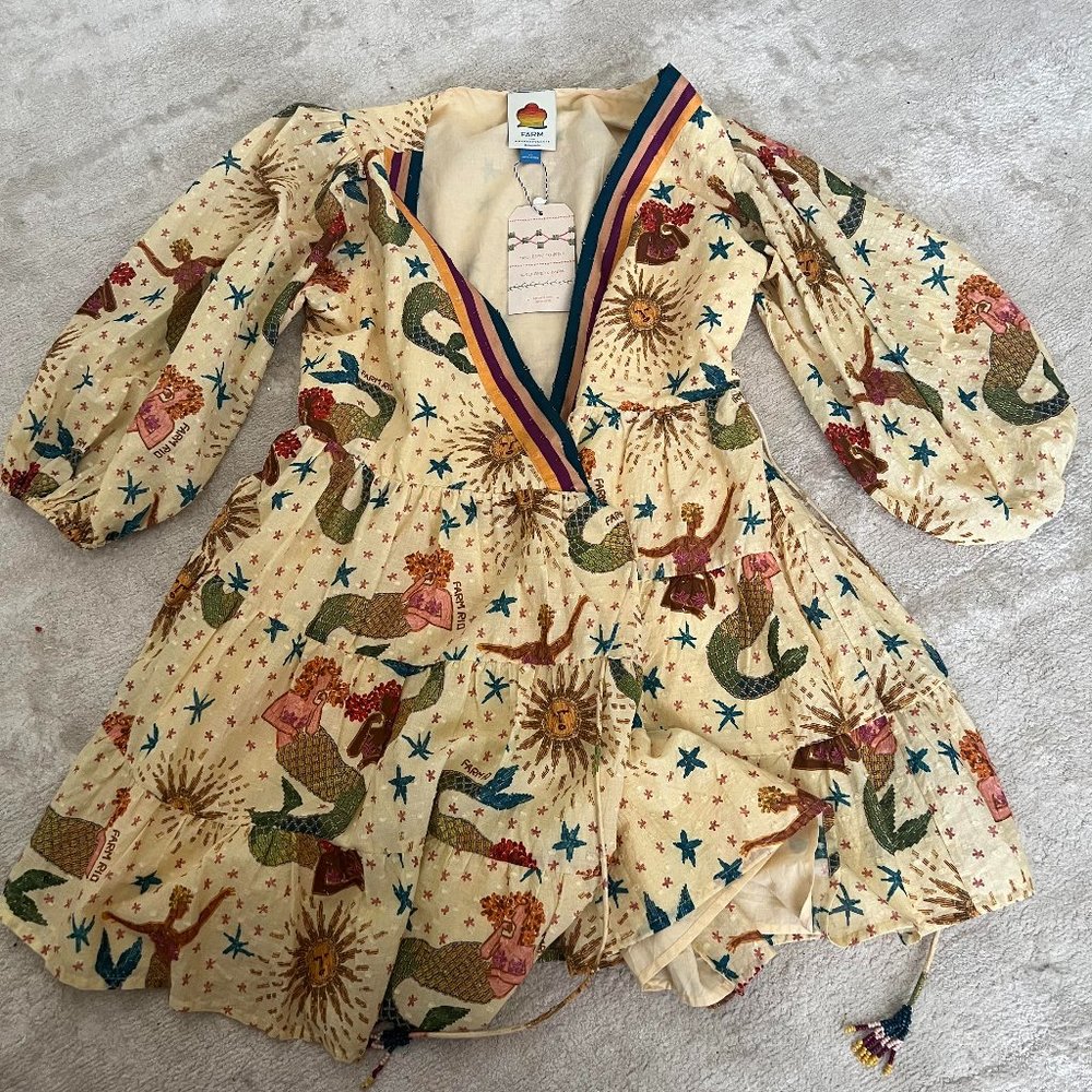 FARM RIO YELLOW MERMAID PRINT WRAP MINI DRESS size XS - NWT